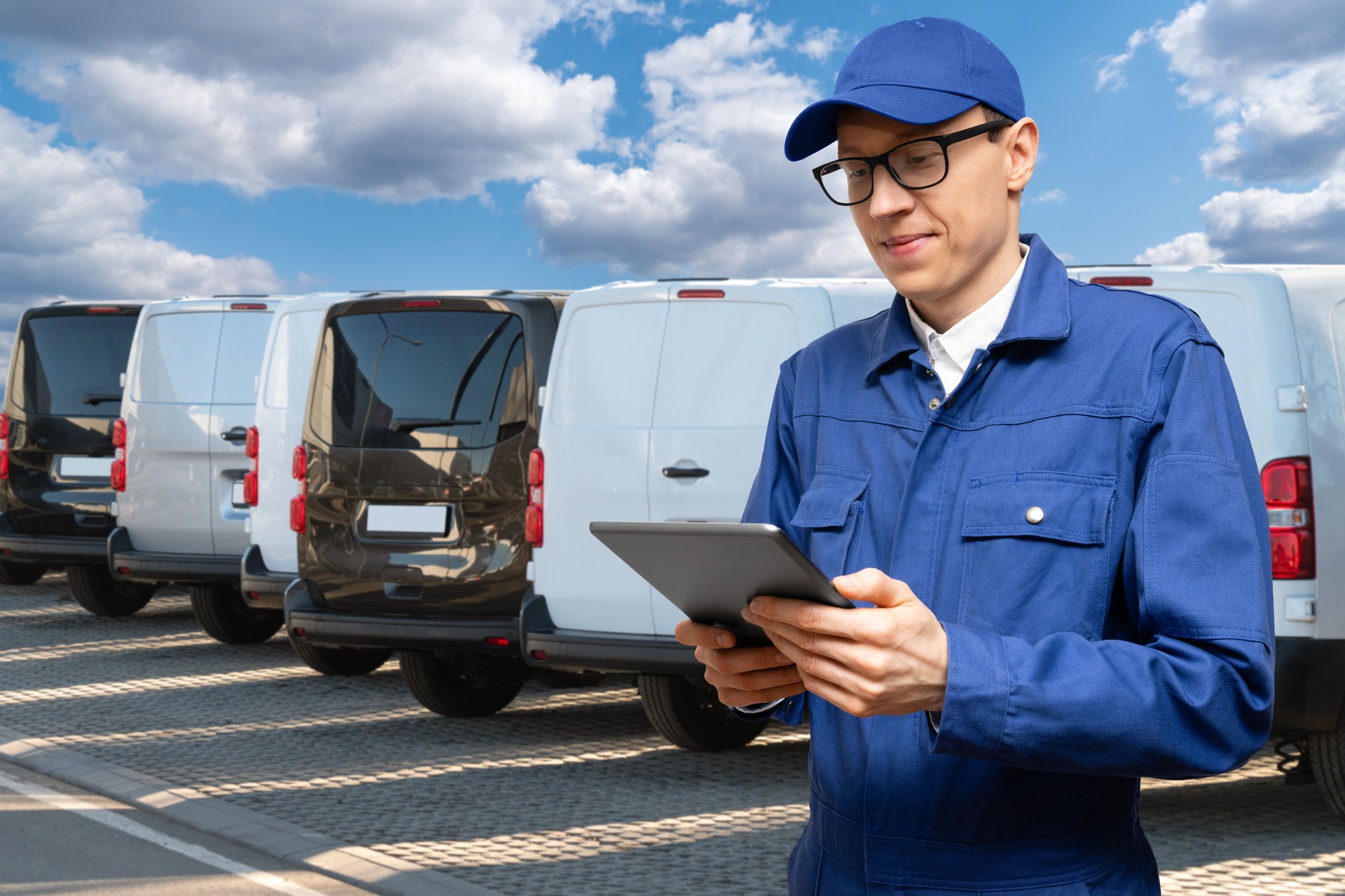 Manager with a digital tablet on the background of vans. Fleet management